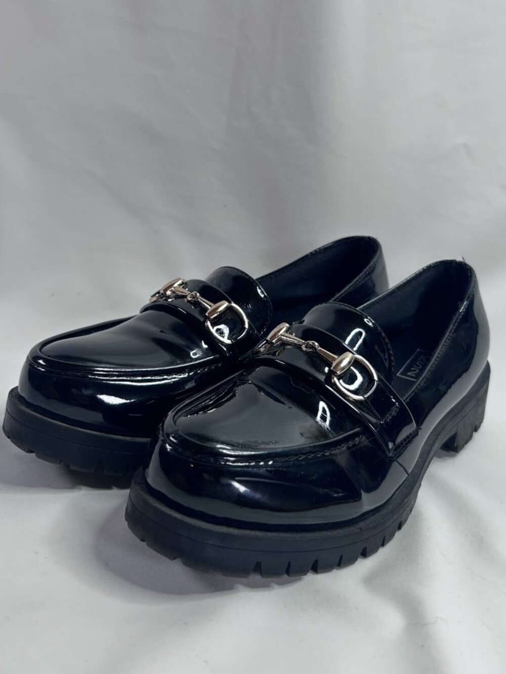KS2 Black Patent Chunky Lug-Sole Horsebit Loafers, Size 6